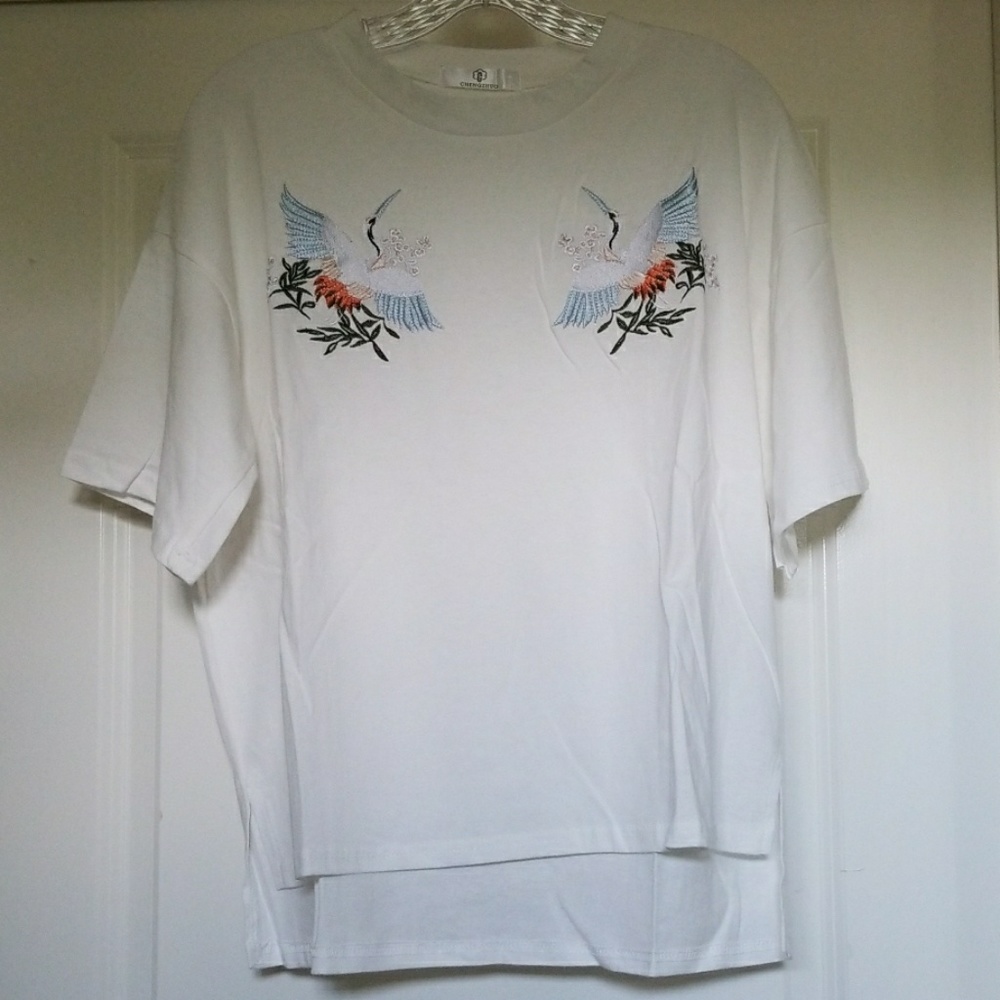 Embroidered Crane Oversized White T Shirt